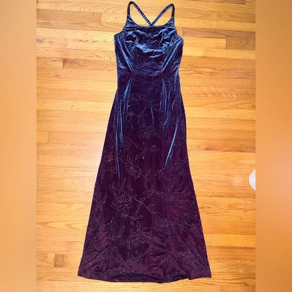 Cache Vintage Velvet 90s Red Maroon Maxi Dress Gown Crystals Beaded 90s Y2k  Medi